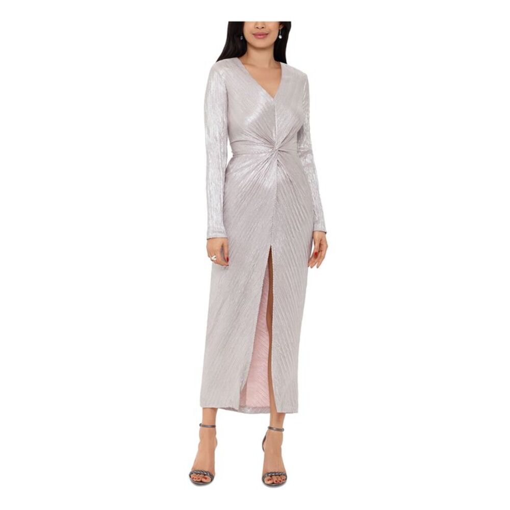 NWT BETSY & ADAM Womens Beige Long Sleeve V Neck Midi Evening Gown Dress 4